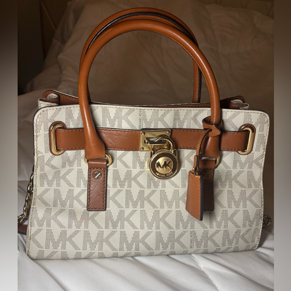 Michael Kors Cream & Brown Logo Satchel with Gold Hardware